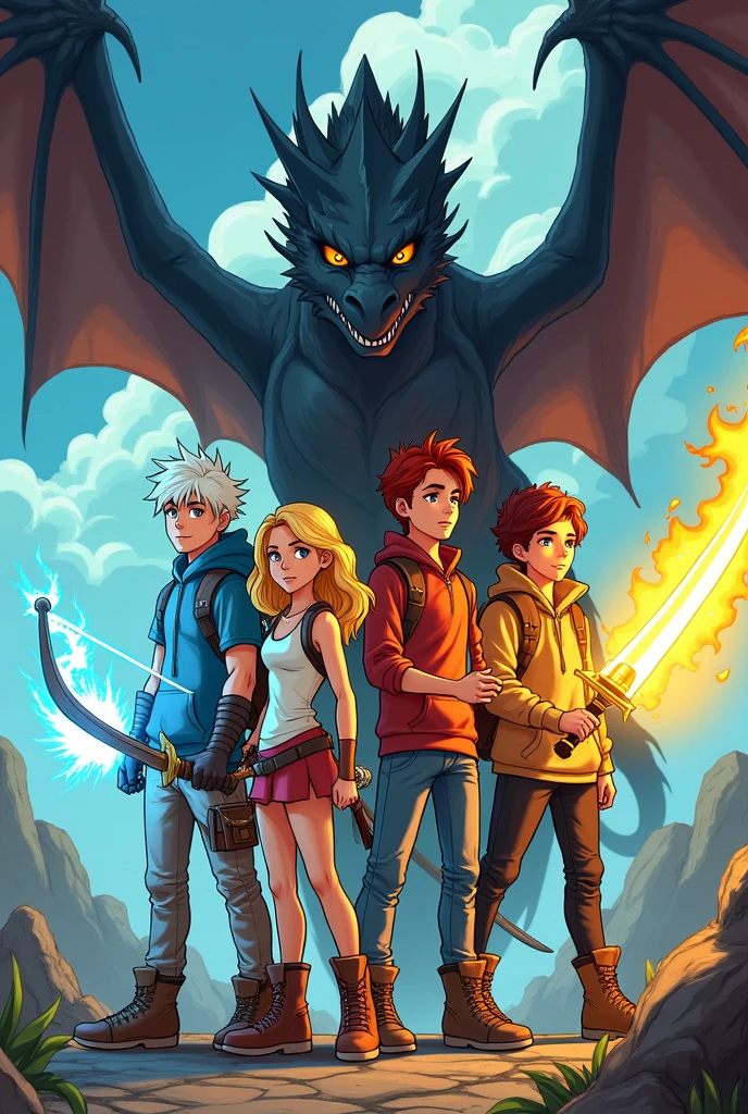 create comic image: a group of four age friends with a white-haired boy with ice powers, a blonde girl with yellow powers, anot redhead with a bow and arrow, anotherth short curly hair holding a sword, with a black dragon on top of their heads.