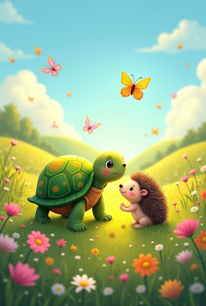 a small turtle and a small hedgehog for a children's book