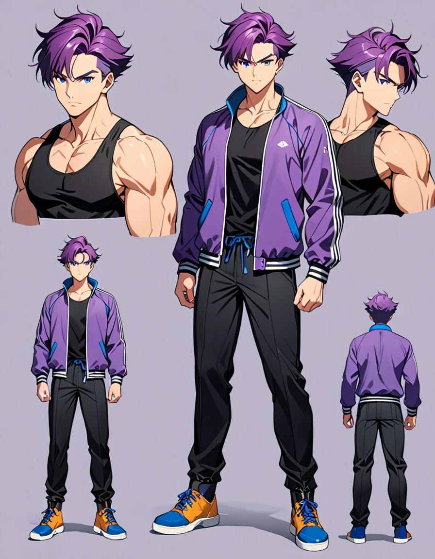 (masterpiece), (best quality), (high res), trunks, male, tall body, beautiful detailed eyes, beautiful detailed face, serious, perfect hands, complete fingers, perfect anatomy, perfect proportions, ((purple hair, short hair, mushroom hair style )), ((blue eyes)), (( purple jacket, black tank top and black pants outfit)), muscles, looking at viewer, (solo, solo focus), standing,, sword on the back, full body costume design. Simple background, Multiple Views, Character Sheet Full-Length.