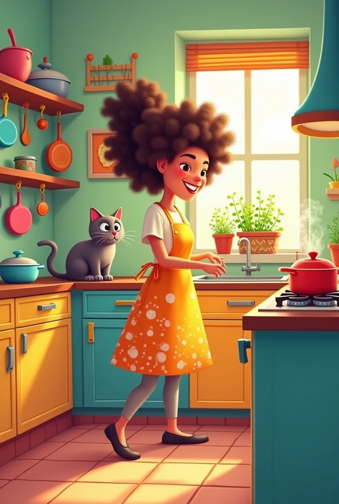 A well decorated  kitchen, a woman cooking in the kitchen and a cat sitting behind the woman and watching the cooking. This photo should have to look like cartoons.