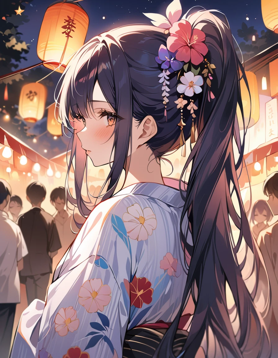 (masterpiece:1.2),(anime),girl、cute、long Hair、ponytail、hair ornaments、Girl wearing yukata,Night stalls、Festivals、summer night、Light production、Beautiful artwork、Detailed drawing、A Scene of Youth,Close-up, 
looking into camerra