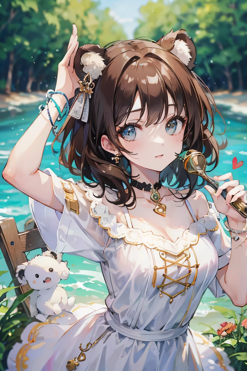 Top quality, highly detailed, UHD, idol, dress cute and beautiful anthropomorphic koala girl with brown curly bob hair wearing a heart shaped choker on outdoor stage