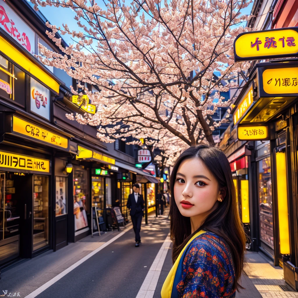 a bustling city street in tokyo, ginza district in summer, 1girl walking along the sidewalk, beautiful detailed eyes,beautiful detailed lips,extremely detailed eyes and face,longeyelashes, wearing a colorful summer dress, storefronts and shops on both sides of the street, neon signs and billboards, cherry blossom trees lining the street, warm golden afternoon sunlight, (best quality,4k,8k,highres,masterpiece:1.2),ultra-detailed,(realistic,photorealistic,photo-realistic:1.37),HDR,UHD,studio lighting,ultra-fine painting,physically-based rendering,extreme detail description,professional,vivid colors,bokeh,photography