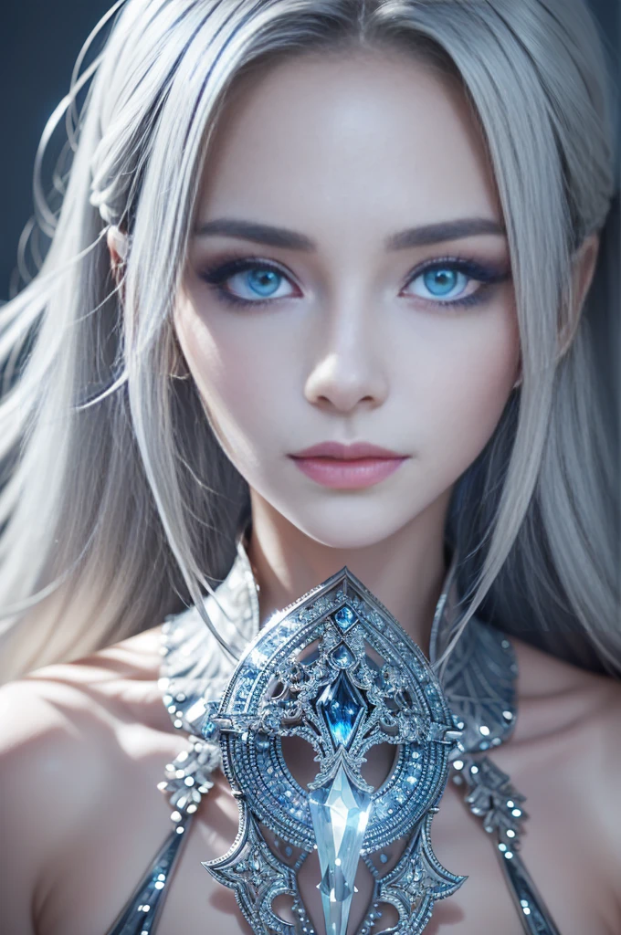 8k, (full body shot:1.2), 20-year-old Swedish girl, raw, Beautiful woman, (straight gray hair), Crystal-encrusted girl, sexy poses, The white skin is inlaid with transparent crystal, ((lens)), The structure is made of crystals, Hourglass body, intricate, beautifull face, elegant, highly detailed, digital hyperrealistic photography, hyperrealistic photography filigree, shyness, most beautyfull face, (masterpiece, sidelighting, (finely detailed beautifull blue eyes: 1.2)),