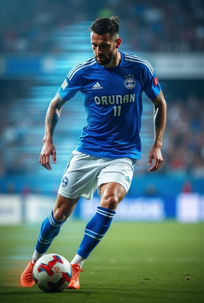One man, beautiful detailed Football player of the Zenit football club, blue and White football uniform, stroboscopic effect, action shot, dynamic motion blur, Gjon Mili style, dramatic lighting, high contrast, vivid colors, (8k, highres:1.2), ultra-detailed, (realistic, photorealistic, photo-realistic:1.37), masterpiece, best quality, very aesthetic, absurdres