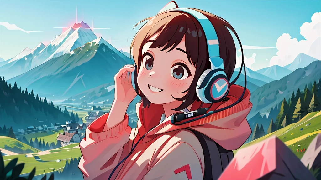masterpiece,best quality,1girl use earphone listening music,mountain,smile,dynamic