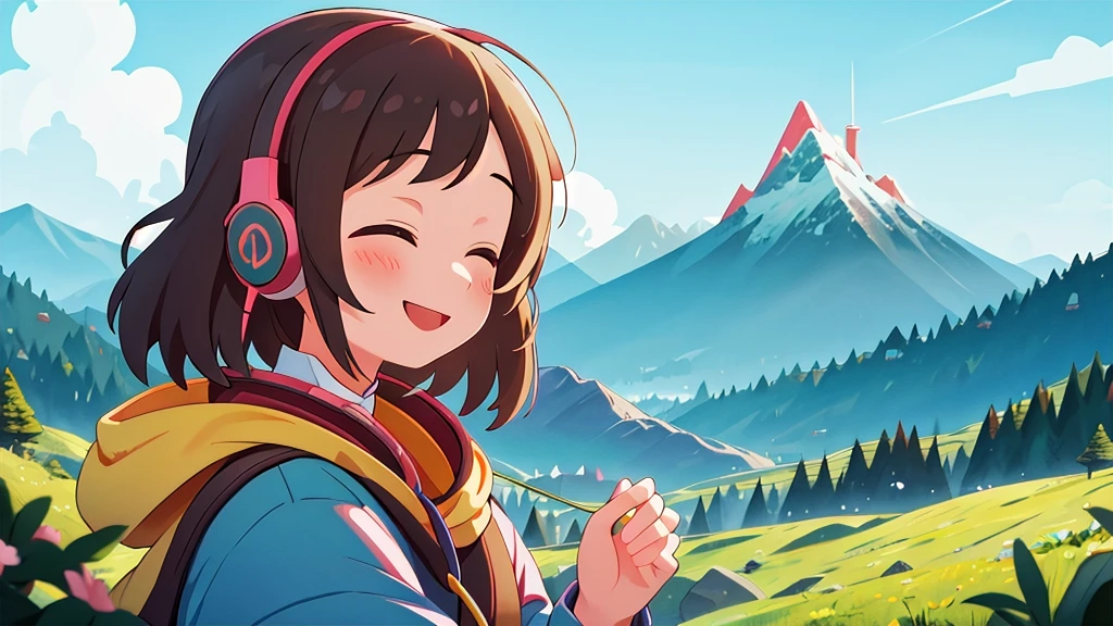 masterpiece,best quality,1girl use earphone listening music,mountain,smile,dynamic