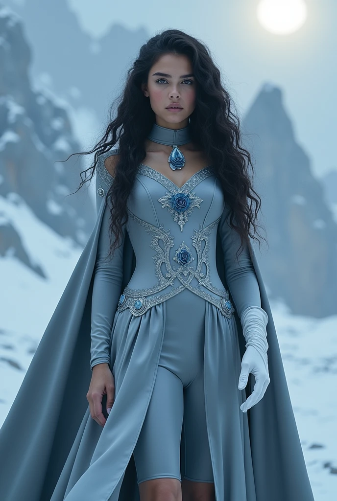 A superhero looks like Lyanna Stark. She has long curly dark hair and silver eyes. She's wearing gray sperhero outfit with silver cape and decorations with a motif of a blue rose. She looks young and pretty. She has serious expression. She has white glove on one hand and ice power in the other hand. She's beautiful and has girly type of beauty.