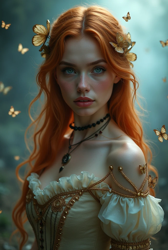 (solo, full body photo:1.3), (action packed:1.3), (haze, fog, mist:1.3), chiaroscuro, best quality, photorealistic, 1woman, (cute), (24yo:1.2), redhead, long ginger hair highly detailed, 1700'S, digital photography, art by artgerm and ruan jia and greg rutkowski surreal painting gold butterfly filigree, broken glass, (masterpiece, sidelighting, finely detailed Fashionable eyes: 1.2) (perfect oval large eyes that gazes at the viewer), beautiful detailed face, blue gorgeous perfect eyes, (blonde hair ponytail), (attractive young woman:1.3), (thick amazing hair), (seductive:1.1), (blushing:1.1)