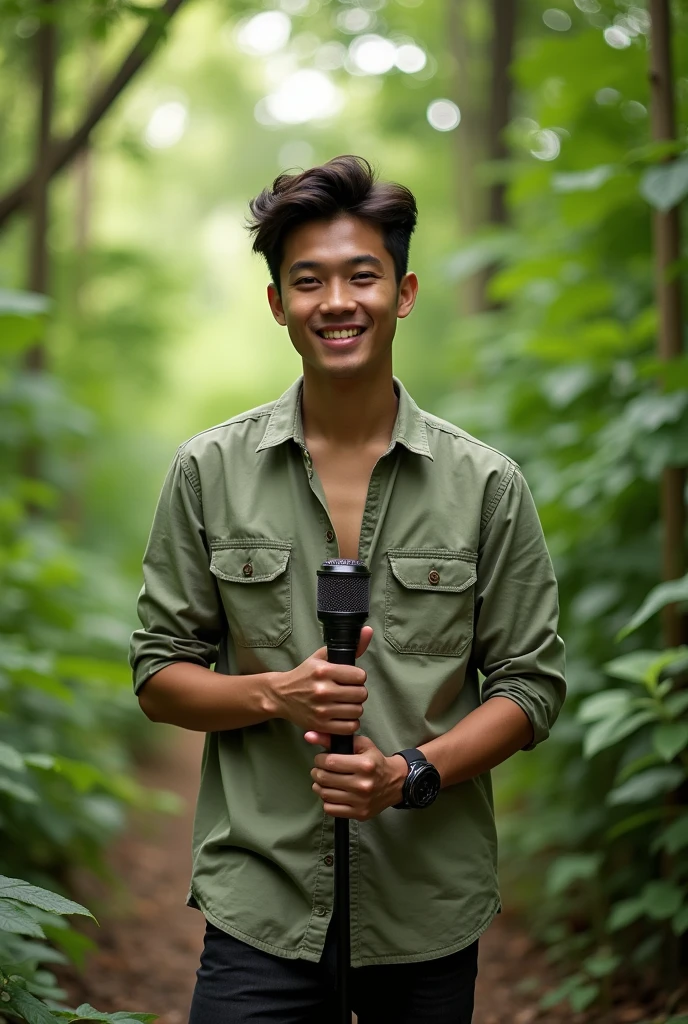 full body view,natural light,photo film analogue,a handsome young Indonesian man,he wears a shirt,he is holding the microphone with both hands,forest background ,pose like a model,real