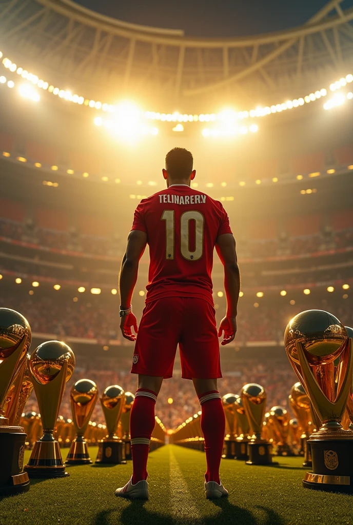 A legendary football player stands at the center of an iconic stadium, bathed in the golden glow of the spotlights. Your posture exudes confidence and triumph., with his gaze fixed ahead, as if he were envisioning future victories, even having already conquered everything. Around her, a dazzling collection of trophies—representing all the major individual and collective awards—shines in the light, symbolizing its unparalleled success.

The stadium is alive with energy; tens of thousands of fans rise to their feet in deafening applause, their faces filled with admiration and reverence. Flags with his name flutter in the stands, and the roar of the crowd echoes like a chorus of celebration. Photographers surround the player, your cameras flashing, immortalizing this moment of supreme glory.

Ao fundo, the iconic architecture of the stadium, with its grand arches and imposing reflectors, adds even more grandeur to the scene. The grass on the field is impeccable, contrasting with the vibrant colors of the player&#39;s uniform and the shiny trophies. The image is hyper-realistic, capturing every detail, from the subtle texture of the player&#39;s shirt to the emotion in the fans&#39; eyes, creating an unforgettable look that epitomizes the pinnacle of a football career."