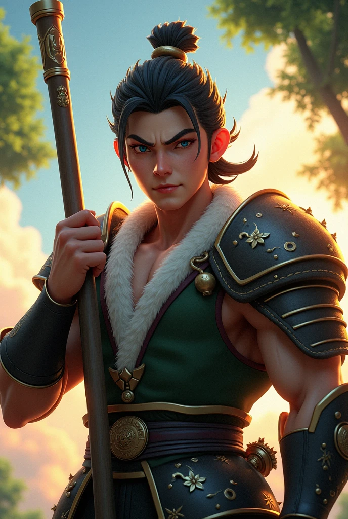 wukong \(black myth\),
1boy, solo, Holding a stick,male focus, detailed eyes,
furry chest, armor, pauldrons, hair ornament,
upper body, sky, tree,
unreal engine, 8k, supper detail,