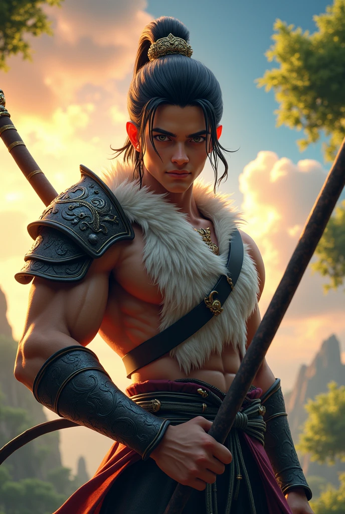 wukong \(black myth\),
1boy, solo, Holding a stick,male focus, detailed eyes,
furry chest, armor, pauldrons, hair ornament,
upper body, sky, tree,
unreal engine, 8k, supper detail,  