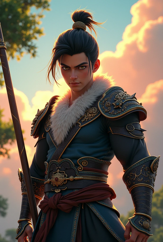 wukong \(black myth\),
1boy, solo, Holding a stick,male focus, detailed eyes,
furry chest, armor, pauldrons, hair ornament,
upper body, sky, tree,
unreal engine, 8k, supper detail,
