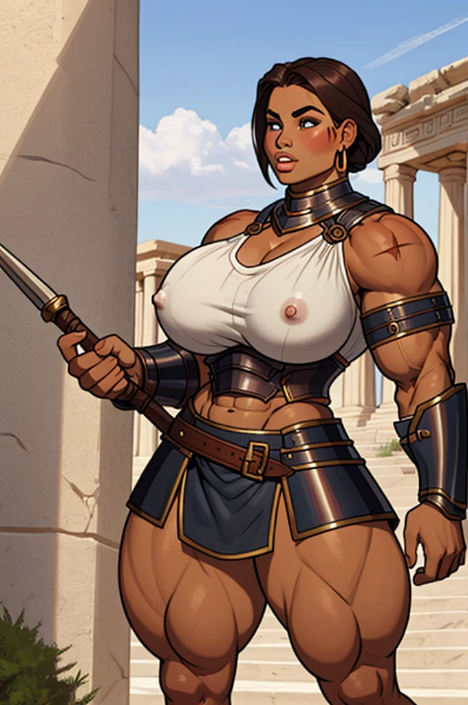 SFW close up, young girl, amazon warrior on guard holding a long spear weapon in an ancient greek-like city, chest armor huge breastplate, young, s, muscular, athletic, buff, attractive, curvy, powerful, bulky, incase, super tanned, dark bronzed skin, extremely huge thighs, hypermuscular legs, extremely pumped up quad muscles, wearing armor, perfectly round breasts, breast implants, fake tits, looking in complete adoration, parted lips, scar on thighs and biceps, exaggeratedly thick thighs