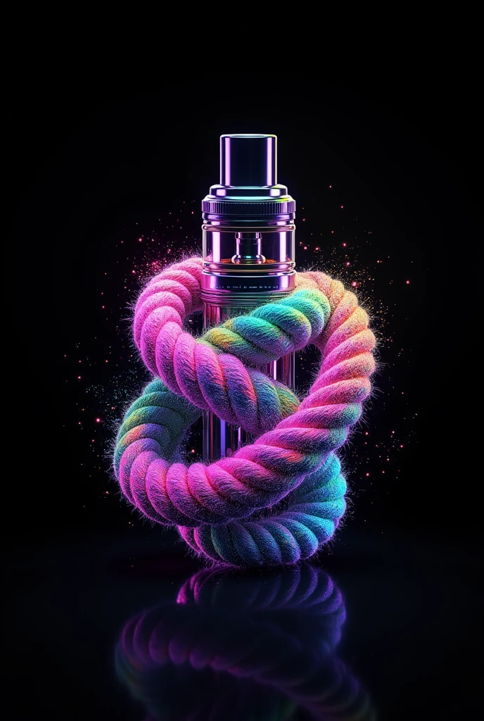 Draw an eternity knot of ropes with a rectangular vaporizer vape (with rounded edges) within intertwined, The drawing must be with psychedelic colors with a black background, The rope colors must be psychedelic
