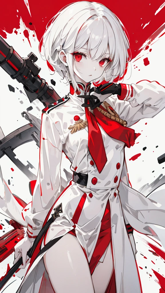 Short white hair，Red eyes，Black, white and red military uniform，Black and white dagger