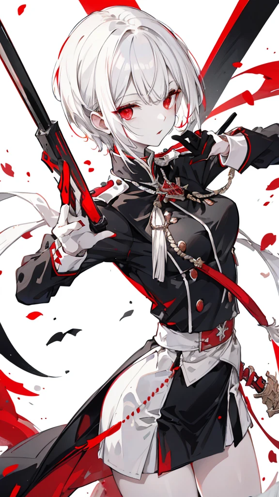 Short white hair,Red eyes,Black, white and red military uniform,Black and white dagger