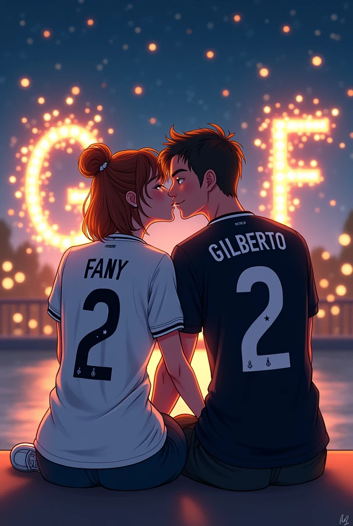 High quality photography, both wearing Real Madrid shirts, On the boy's back is the name Fany with the number 2 below the white shirt, and on the girl is the name Gilberto with the number 2 below the black shirt, the couple with Nike tennis shoes, anime drawings Giving each other a kiss on the mouth Sitting watching the moon and stars at Christmas, and with fireworks the initials G and F are formed