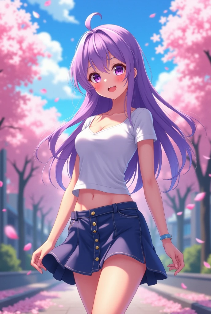 Girl with purple hair, violet eyes, with big breasts and sometimes. In a tight white T-shirt, and a skirt. Smiles playfully. anime style