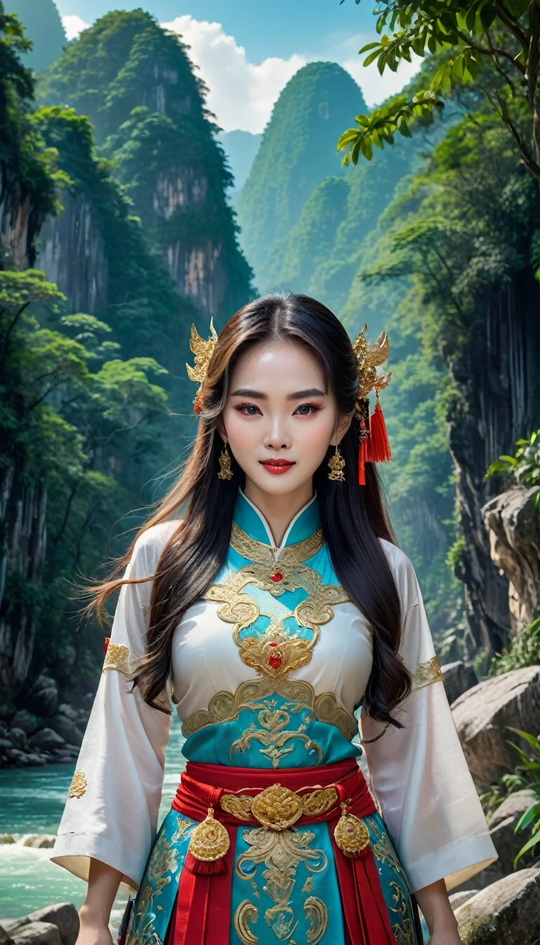 Character Dong Phuong Bat Bai, work Tieu Ngao Giang Ho by Kim Dung, China, ancient swordplay film. An extremely beautiful girl, long hair, white skin, very beautiful makeup, hair with spiritual accessories, wearing ancient Chinese costumes of red and red brocade in many colors, holding ancient weapons, wearing jewelry care, smiling face, using high-end cosmetics. The photo shows a gentle, graceful look, the girl's eyes look straight into the lens
The background is the rocks on the river surrounded by trees, limestone pillars, mountain river trees, majestic natural scenery, beautiful Vietnamese jungle, beautiful nature in the background, Chinese scenery, forest and river, very beautiful scenery, beautiful jungle scenery, wonderful scenery, trees and cliffs, . Background of the river forest, mountain forest scenery, beautiful jungle, blue sky, white clouds.
Hong Kong cinema style. Cinematic light, high detail, 8K, artstation, artistic concept, any virtual darkness. Photo taken with Canon EOS R5 85mm f/11 camera, ((sharp)) mode of people and surroundings. Photo quality ((8K)), ((realistic)), ((masterpiece)), ((sharpest and highest contrast)), ((amazing depth of field)), ((stereoscopic light)), ((angry, fierce)), detailed pore defect, ((Direct light on face)), bright sunlight.
