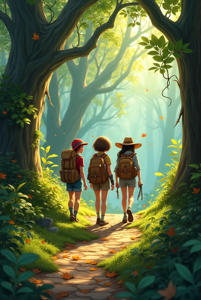 Starting the Adventure:**
- The trio of friends begins their journey through the forest. The path ahead grows denser with trees, creating an atmosphere of mystery and excitement.