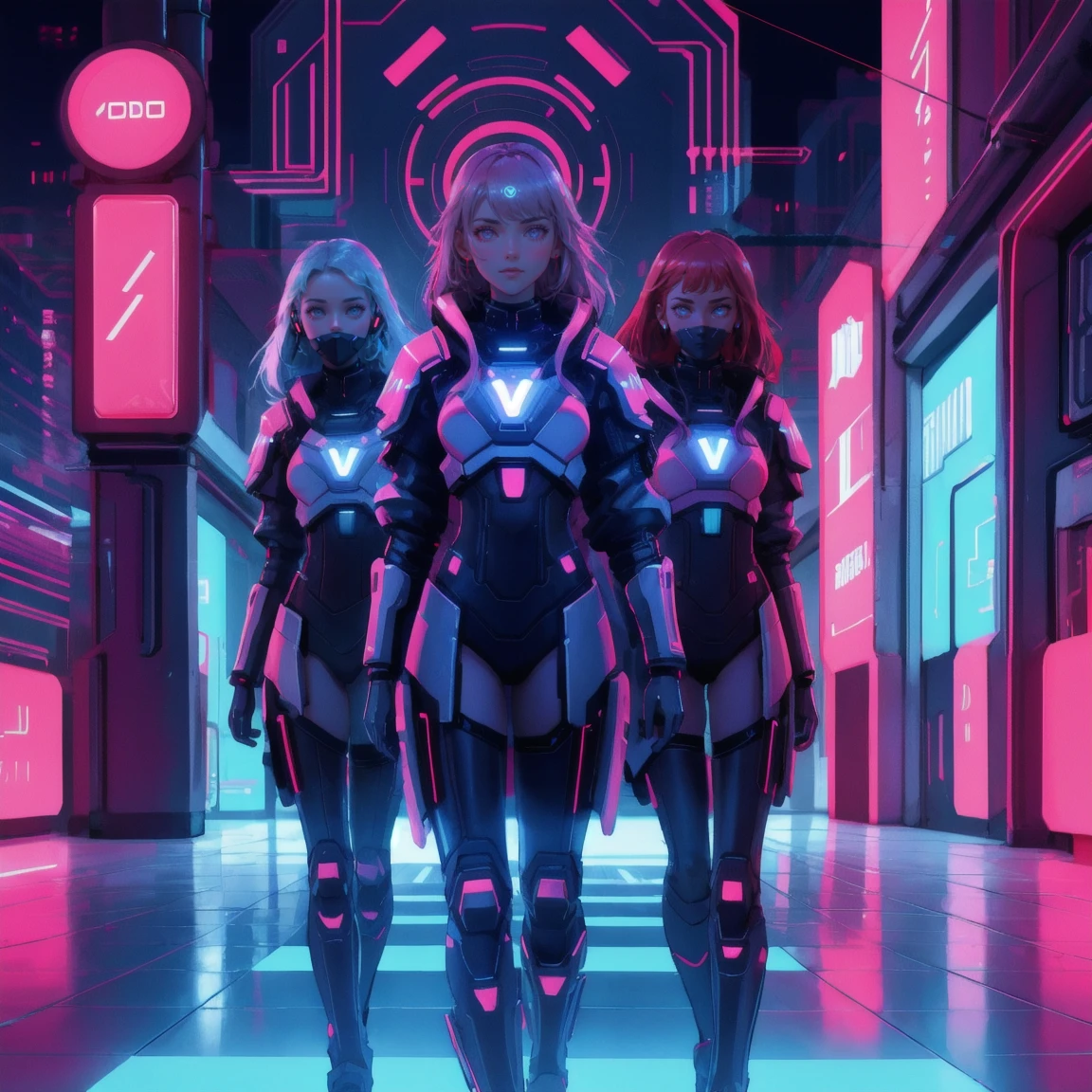 A futuristic, cyberpunk scene with a neon grid floor, glowing cryptocurrency symbols, and a digital cityscape in the background. multiple beautiful, cute girls in red and blue cybernetic armor, keeping the background exactly the same. red theme