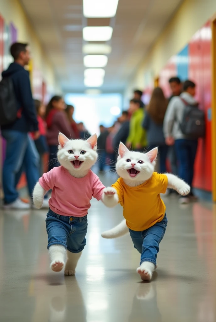 Happy little white cat dressed in pink shirt and blue jeans is hit by white cat dressed in blue jeans and yellow shirt in school