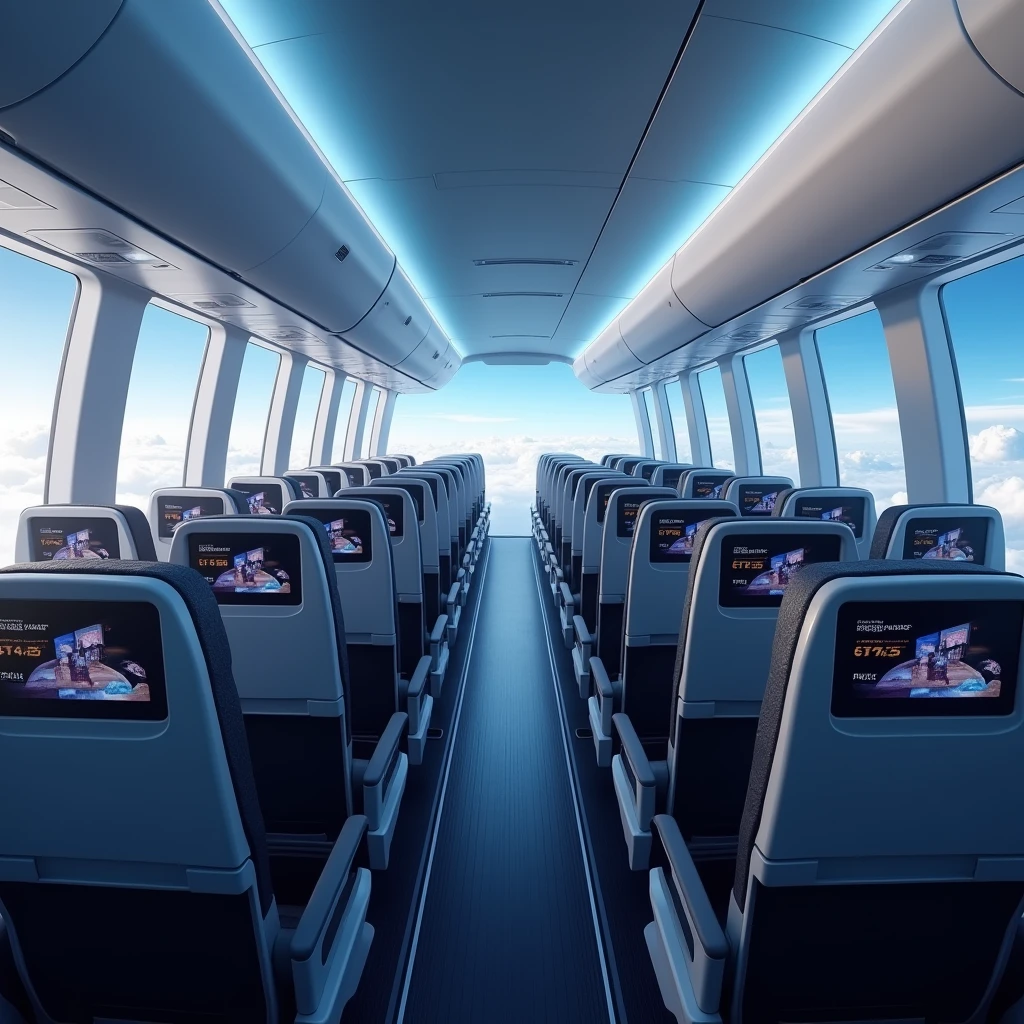 In the cockpit of the aircraft，You can see a lot of airplane seats，The seats have screens on the headrests，Real Effects，No passengers，Can see out the window and back of the seat，Camera rotates 45 degrees VR effect
