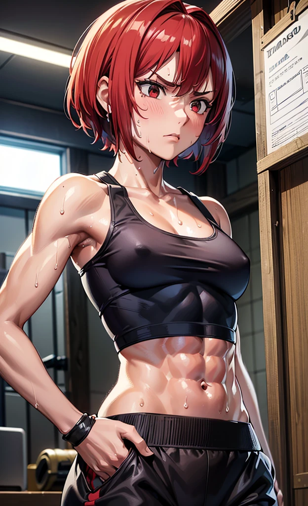 masterpiece, best quality, ultra detailed, ultra high resolution, very detailed face, (((solo))), 20 years old woman, tanktop, ((crimson bob hair)), (((small breast))), ((serious face)), ((six pack abs:1.2)), ((sweat:1.23)), in the basement
