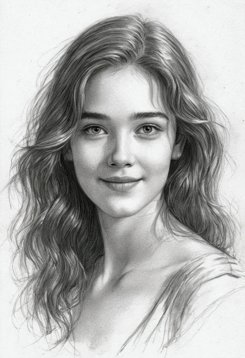 A delicate, graphite sketch portrays, a young beautiful Olivier Hussey in Romeo and Juliet movie,  without background, her features rendered in subtle shading and precise lines. The framing is tight, focusing attention on the subject's smile doubtful face. Soft, feathery strokes convey the gentle texture of her hair, 