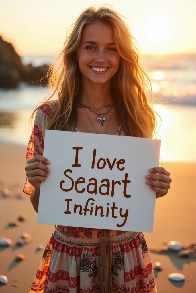 Beautiful girl with wavy long hair, bohemian dress, holding a white board with text "I Love Seaart Infinity" and showing it to the viewer