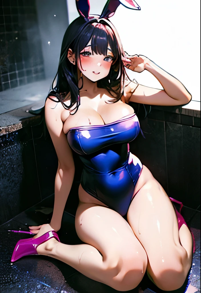 nsfw:1.2,Bunny girl,Cleavage,Lift one leg up under your chest:1.5. Bathtub,Blue school swimsuit,High heels,Embarrassed face,Medium Hair,Straight hair,Video Cover,Spread your legs 180 degrees:1.5,Kneel,Sweat:2.0,Glowing Skin,Clear syrup:2.0、Huge Breasts:1.2