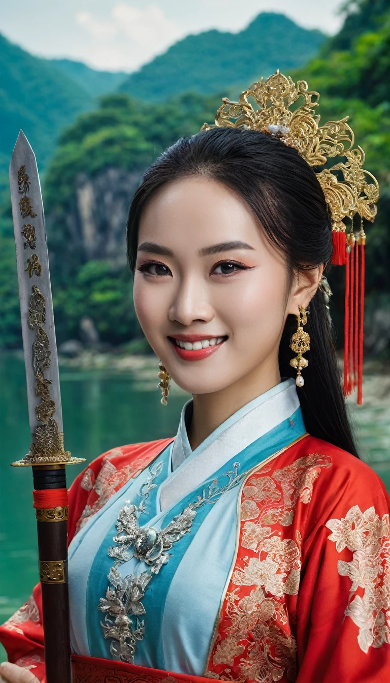 Character Dong Phuong Bat Bai, work Tieu Ngao Giang Ho by Kim Dung, China, ancient swordplay film. An extremely beautiful girl, long hair, white skin, very beautiful makeup, hair with spiritual accessories, wearing red and red Chinese ancient costumes, holding a short knife and needle, wearing jewelry care, smiling face, using high-end cosmetics. The photo shows a gentle, graceful look, the girl's eyes look straight into the lens
The background is the rocks on the river surrounded by trees, limestone pillars, mountain river trees, majestic natural scenery, beautiful Vietnamese jungle, beautiful nature in the background, Chinese scenery, forest and river, very beautiful scenery, beautiful jungle scenery, wonderful scenery, trees and cliffs, . Background of the river forest, mountain forest scenery, beautiful jungle, blue sky, white clouds.
Hong Kong cinema style. Cinematic light, high detail, 8K, artstation, artistic concept, any virtual darkness. Photo taken with Canon EOS R5 85mm f/11 camera, ((sharp)) mode of people and surroundings. Photo quality ((8K)), ((realistic)), ((masterpiece)), ((sharpest and highest contrast)), ((amazing depth of field)), ((stereoscopic light)), ((angry, fierce)), detailed pore defect, ((Direct light on face)), bright sunlight.