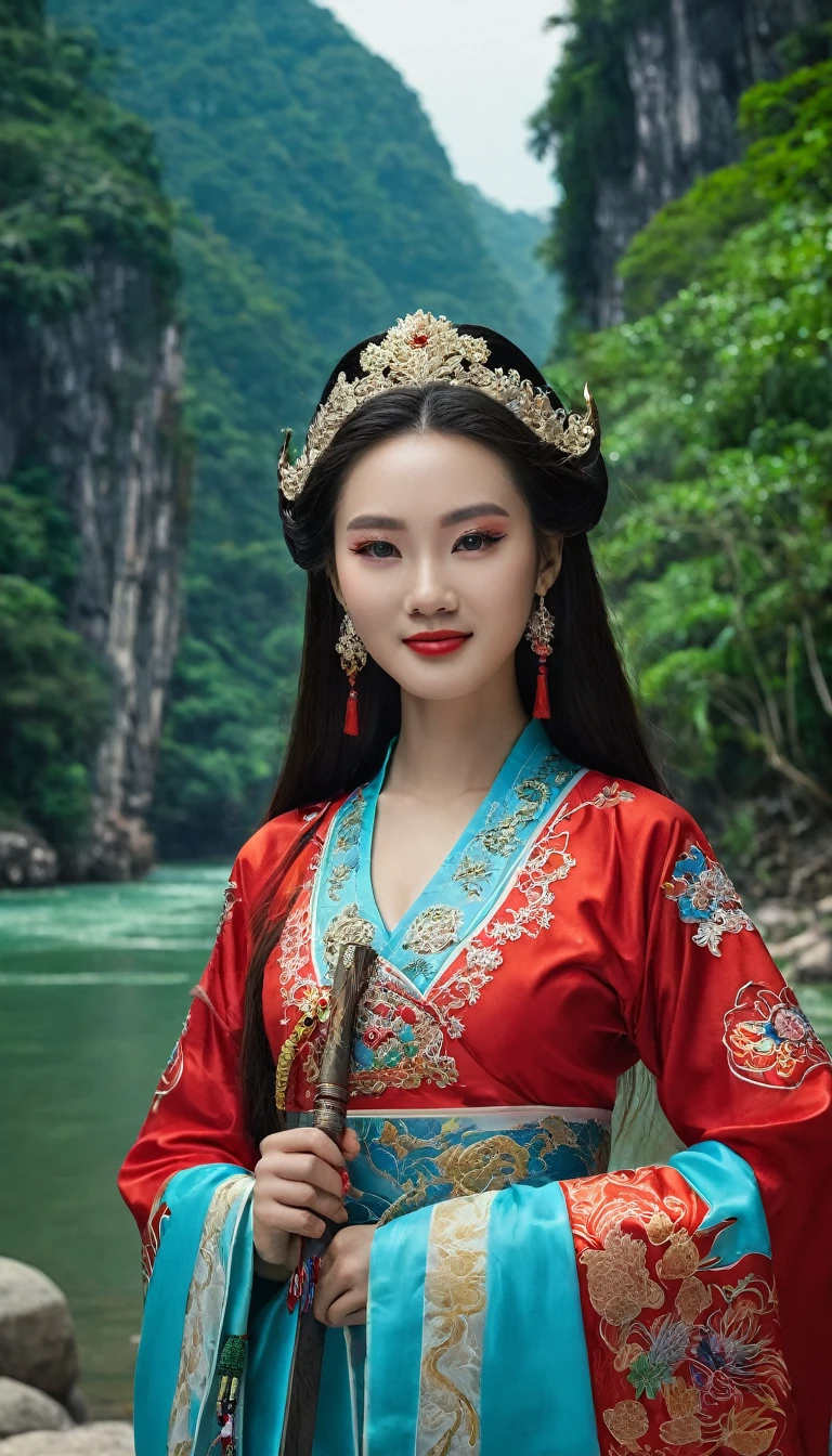 Character Dong Phuong Bat Bai, work Tieu Ngao Giang Ho by Kim Dung, China, ancient swordplay film. An extremely beautiful girl, long hair, white skin, very beautiful makeup, hair with spiritual accessories, wearing red and red Chinese ancient costumes, holding a short knife and needle, wearing jewelry care, smiling face, using high-end cosmetics. The photo shows a gentle, graceful look, the girl's eyes look straight into the lens
The background is the rocks on the river surrounded by trees, limestone pillars, mountain river trees, majestic natural scenery, beautiful Vietnamese jungle, beautiful nature in the background, Chinese scenery, forest and river, very beautiful scenery, beautiful jungle scenery, wonderful scenery, trees and cliffs, . Background of the river forest, mountain forest scenery, beautiful jungle, blue sky, white clouds.
Hong Kong cinema style. Cinematic light, high detail, 8K, artstation, artistic concept, any virtual darkness. Photo taken with Canon EOS R5 85mm f/11 camera, ((sharp)) mode of people and surroundings. Photo quality ((8K)), ((realistic)), ((masterpiece)), ((sharpest and highest contrast)), ((amazing depth of field)), ((stereoscopic light)), ((angry, fierce)), detailed pore defect, ((Direct light on face)), bright sunlight.