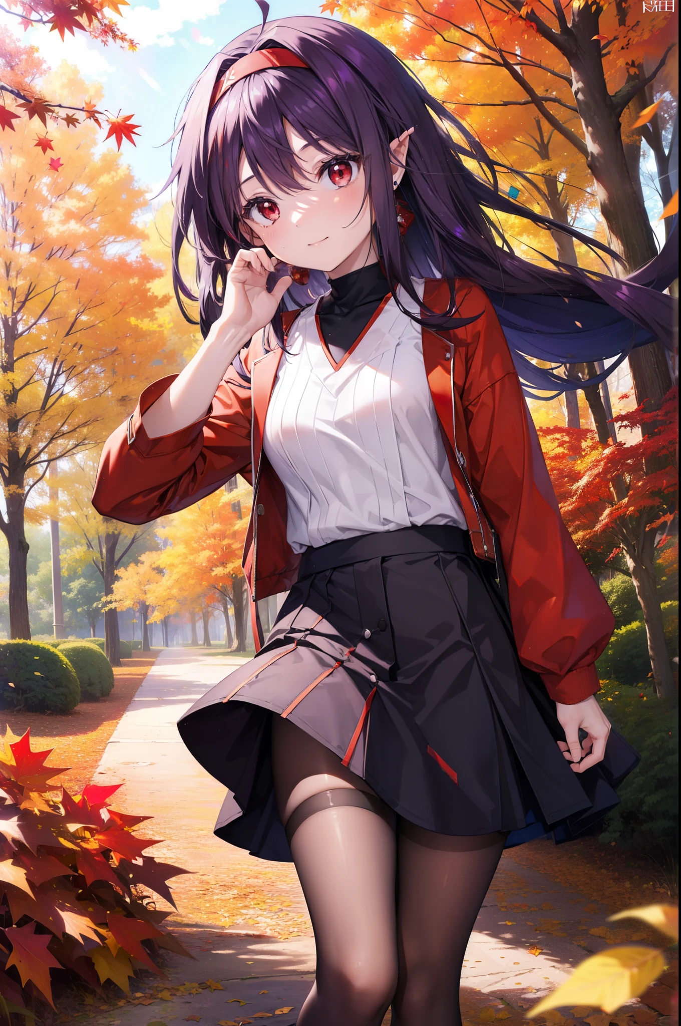 yuukikonno, Yuuki Konno, hair band, Long Hair, Pointed Ears, Purple Hair, Ahoge,(Red eyes:1.5), (Small breasts:1.2), smile,blush,Close your mouth,purple v neck sweater,mini skirt,Black pantyhose,short boots,Walking,autumn leaves,autumn leaves,scattered,autumn leavesが積もっている,Autumn sky,whole bodyがイラストに入るように,
break looking at viewer, whole body,
break outdoors, garden,forest, nature,
break (masterpiece:1.2), Highest quality, High resolution, unity 8k wallpaper, (figure:0.8), (Beautiful attention to detail:1.6), Highly detailed face, Perfect lighting, Highly detailed CG, (Perfect hands, Perfect Anatomy),