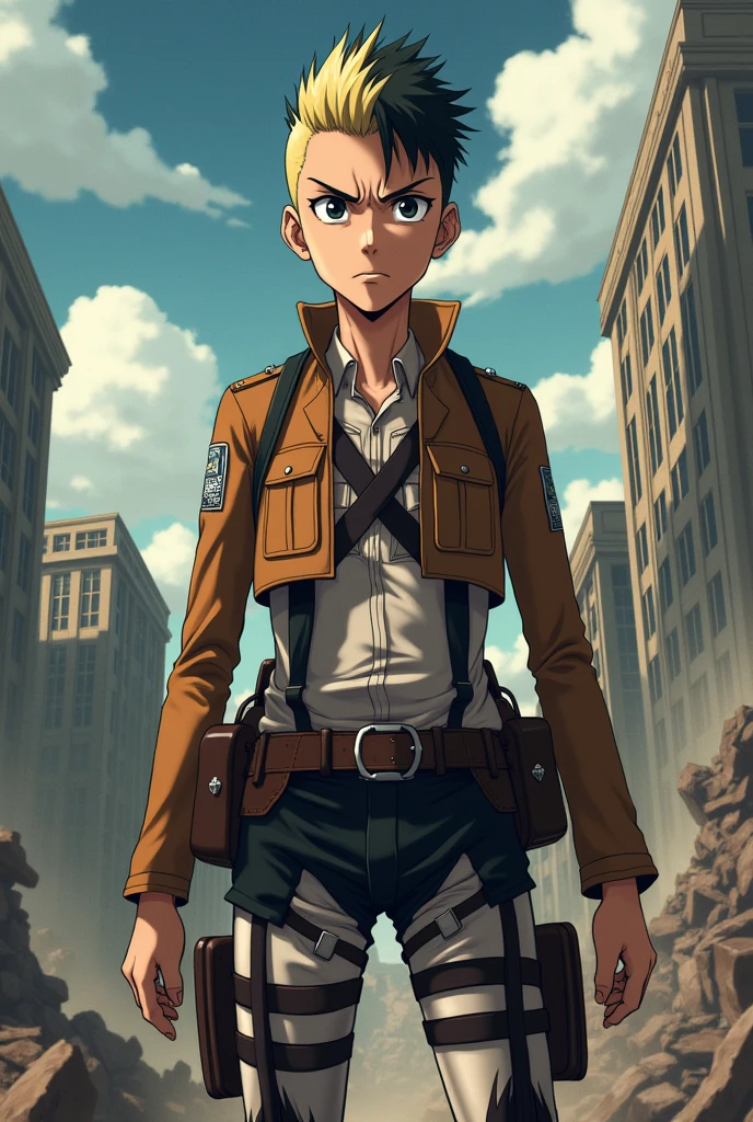 man, short and raised hair, mohawk style hair, blonde tips but black roots, upset expression, thick eyebrows, big black eyes, delgado, white, in the style of Attack on Titan anime, with the attack on titan uniform