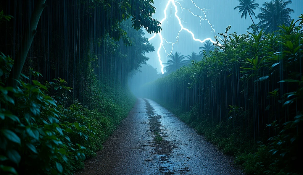 an image of a Vietnamese rural bushy narrow and overgrown trail, densely wooded with the thunder, so dark, heavy raining, in the style of colorful prisma, erased and obscured, multiple flash, iconic album covers, photography, 50mm