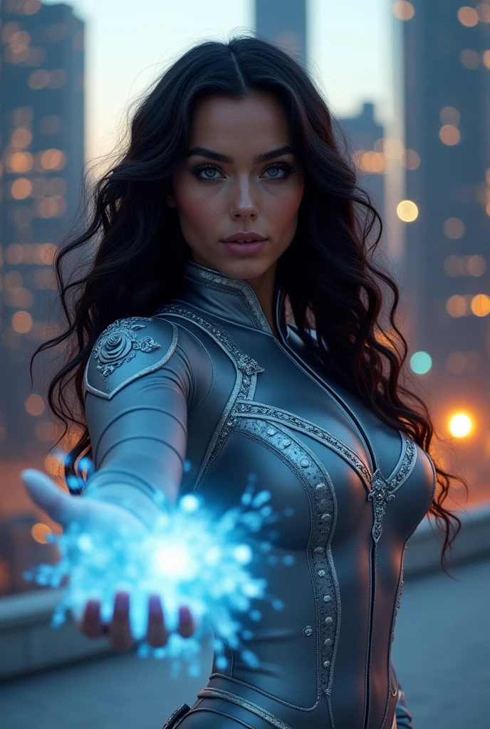 A modern superhero looks like Lyanna Stark. She has long curly dark hair and silver eyes. She's wearing gray sperhero outfit with silver cape and decorations with a motif of a blue rose. She looks young and pretty. She has serious expression. She has white glove on one hand and ice power in the other hand. She's beautiful and has girly type of beauty. 