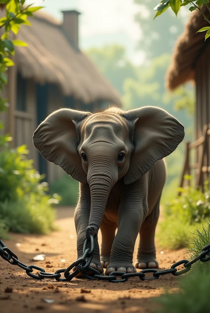 A baby elephant struggling to break free from a chain that's tightly wrapped around its leg. The background features a calm, its a village and the elephant's struggle.