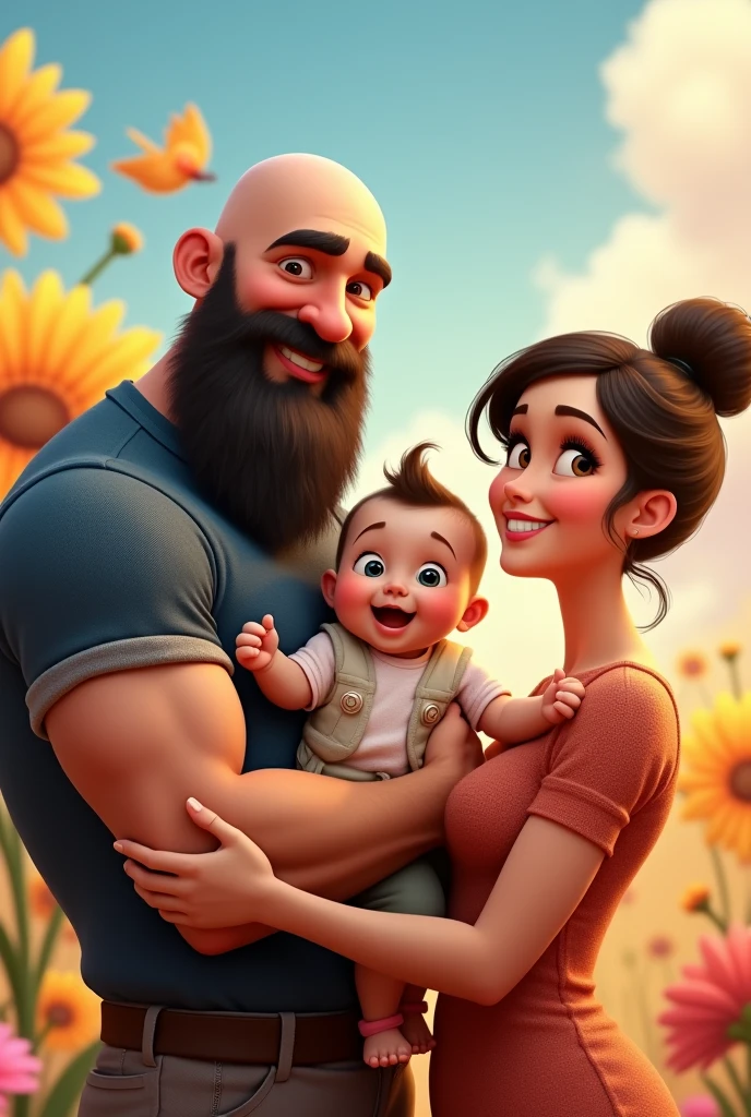 family of 3 people, an adult couple and an 8-month-old baby. The father is in the center, he is the tallest, big and strong, shaved bald hair and has a medium black Viking-style beard, with light brown eyes and a big smile. The father is holding the 8-month-old baby in his left arm. The eight-month-old baby has dark blond hair and big dark blue eyes. The mother has light brown hair and light brown eyes, her hair tied up and a beautiful smile, she is very beautiful and elegant. Character should be colorful and have a fun, friendly look, with exaggerated, expressive features. Pixar style. use the photo as a perfect copy of the family.