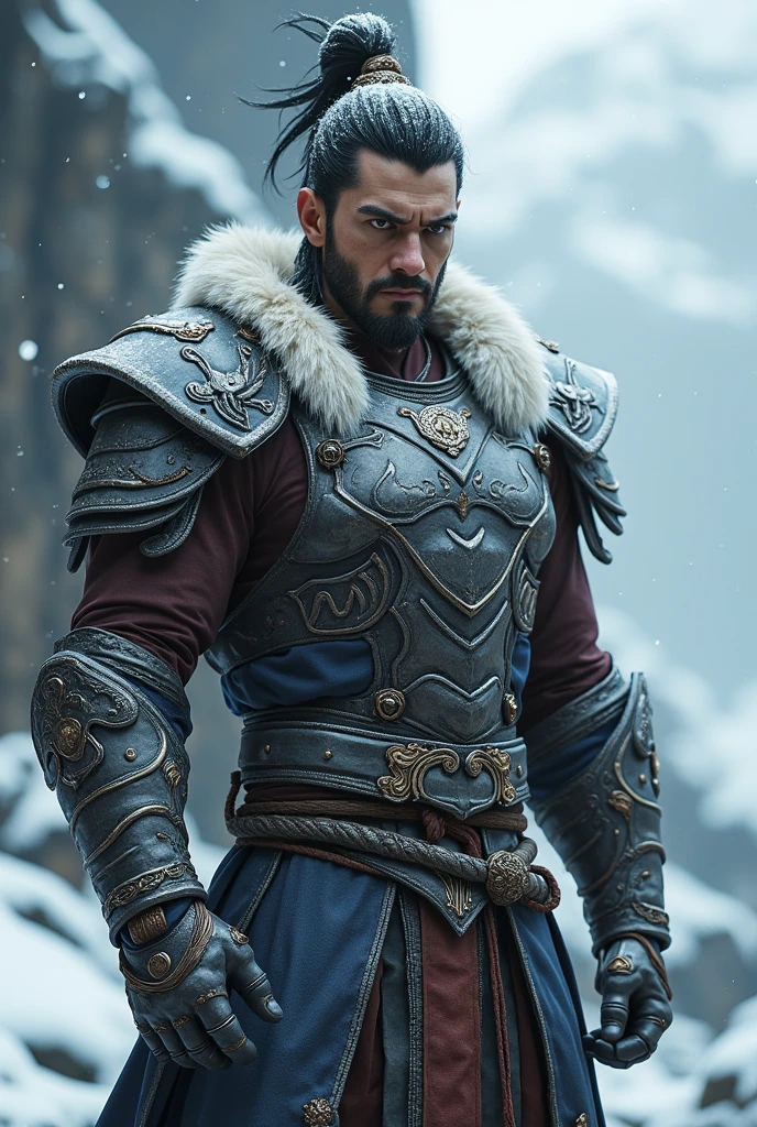 wukong \(black myth\),
1boy, solo, male focus, detailed eyes,
furry chest, armor, pauldrons, hair ornament,
upper body, snow, snowing, rocks, stairs,
unreal engine, 8k, super detail,