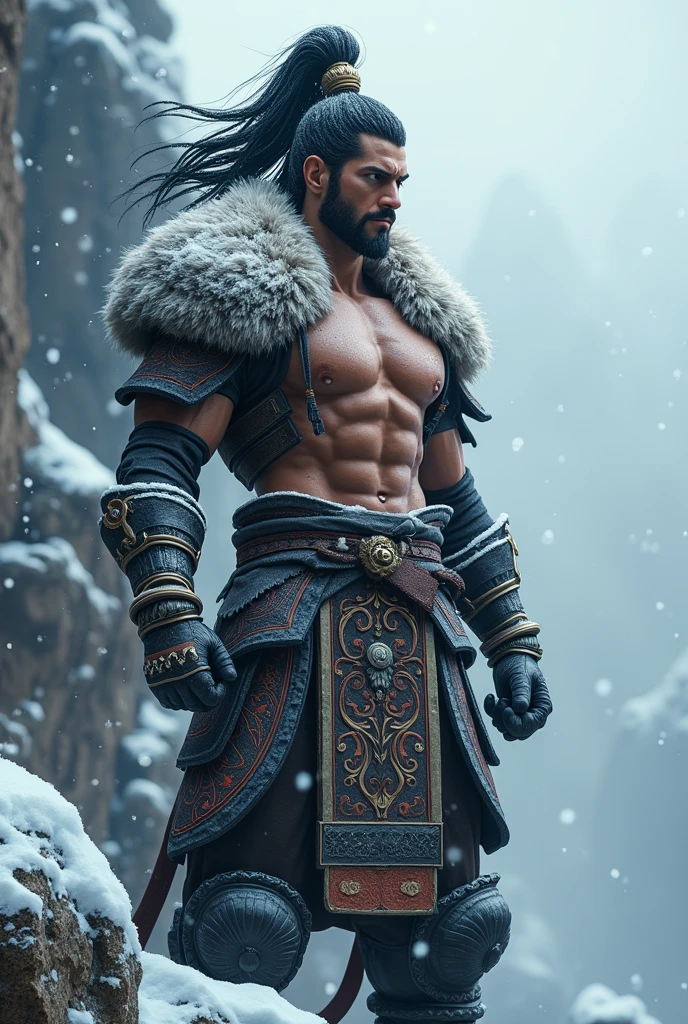 wukong \(black myth\),
1boy, solo, male focus, detailed eyes,
furry chest, armor, pauldrons, hair ornament,
upper body, snow, snowing, rocks, stairs,
unreal engine, 8k, super detail,