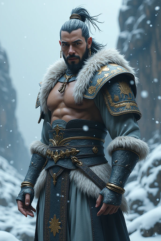 wukong \(black myth\),
1boy, solo, male focus, detailed eyes, 
furry chest, armor, pauldrons, hair ornament, 
upper body, snow, snowing, rocks, stairs,
unreal engine, 8k, super detail,