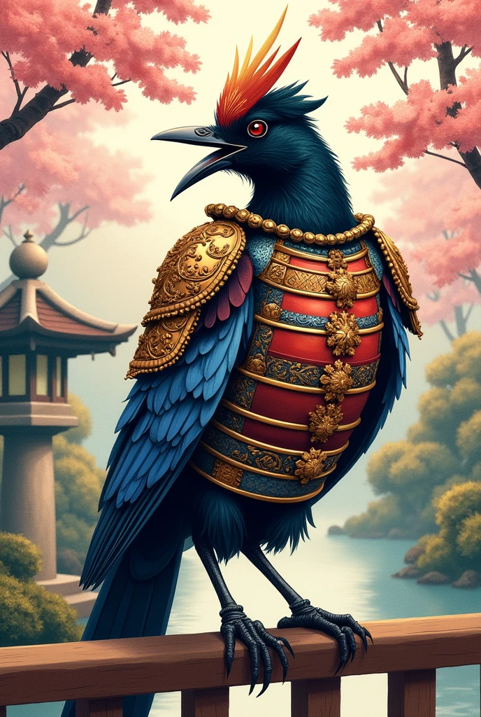 An illustration of magpie wearing samurai