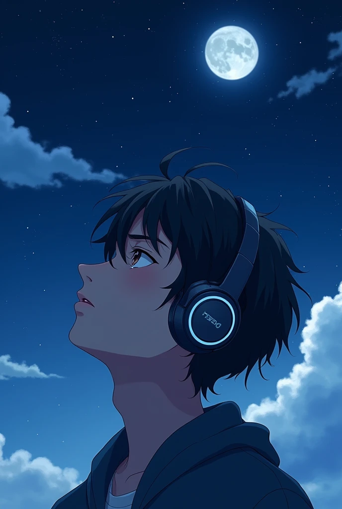 Sad Anime men Listening Music And See On Sky side pose  With Headphones realesticPic 
