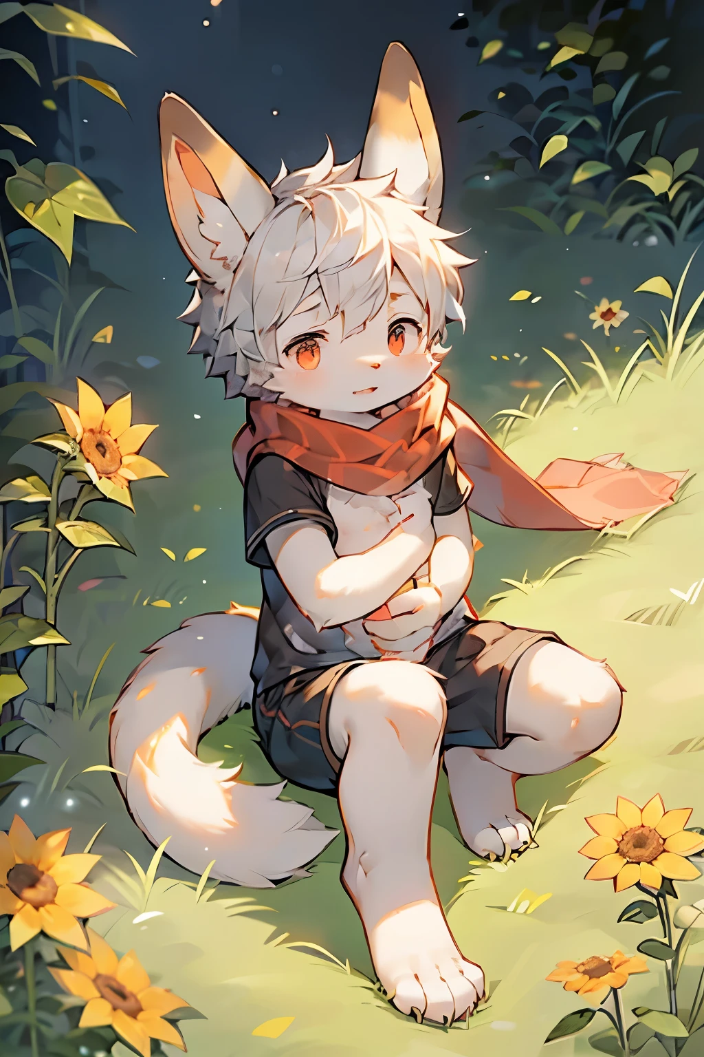 White Rabbit Boy,Bunny ears,Furry boys,Infant and child characteristics,White skin,Gray Arm,Little Feet,Red pupil,scarf,Short sleeve,shorts,field,sunflower