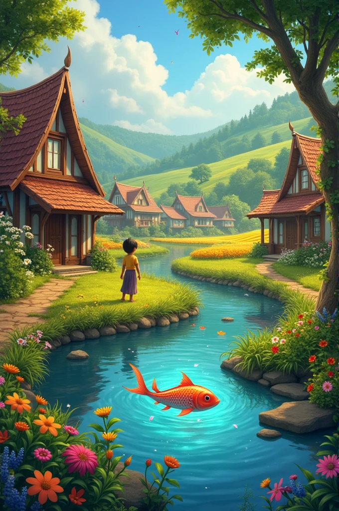 Draft key scenes such as Chintu finding the magical fish, making his wishes, and the village's transformation.