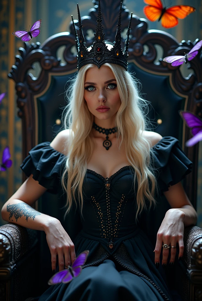 Generate me a realistic image of an evil queen, blonde, Blue-eyed, surrounded by butterflies, sitting on a throne with a black crown, and a tattoo of an A and a butterfly 