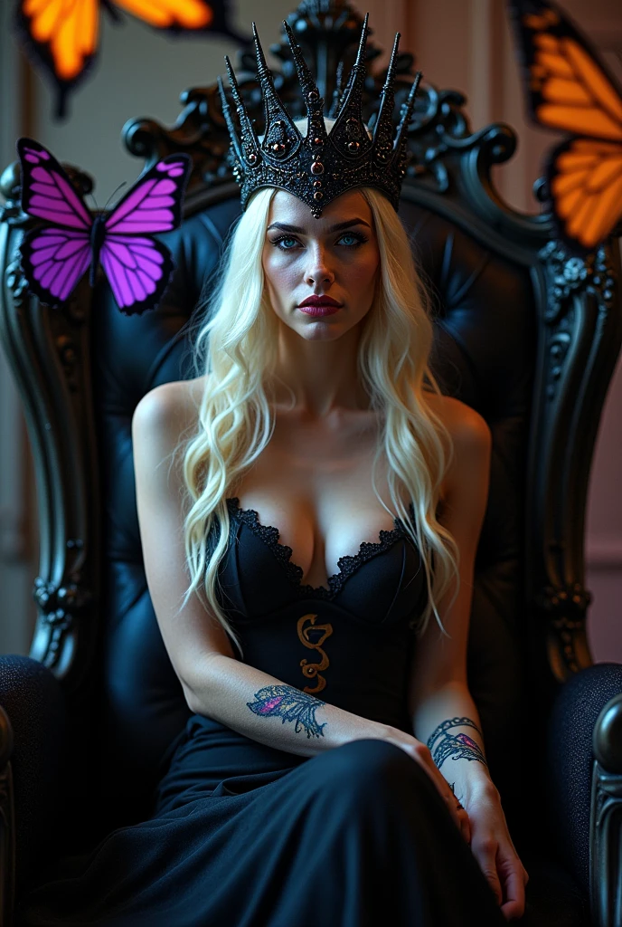 Generate me a realistic image of an evil queen, blonde, Blue-eyed, surrounded by erflies, sitting on a throne with a black crown, and a tattoo of an A and a butty